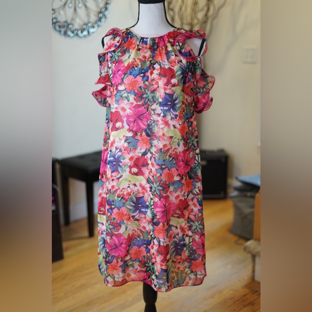 Vince Camuto Floral Ruffle Sleeve Sheath Dress Size 8